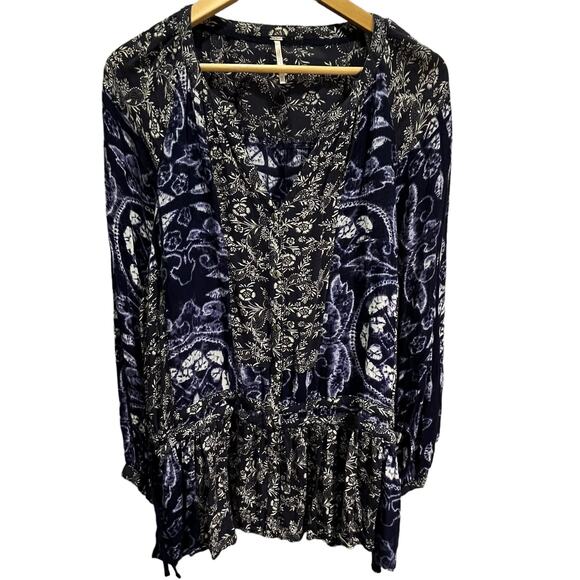 Free People Floral Tunic Blouse Blue V-Neck‎ Button Front Hi-Low Hem Boho Small - Picture 1 of 7